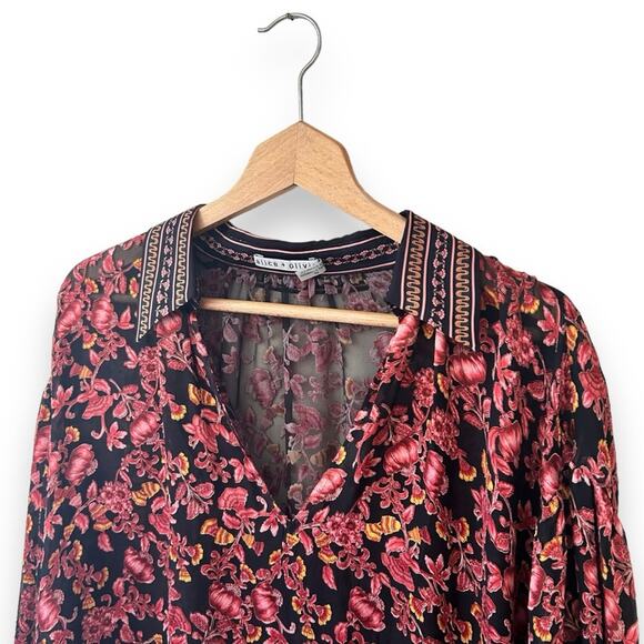 Alice + Olivia Desiree Velvet Effect Blouse Silk Blend Red Black Small Women’s - Picture 3 of 10